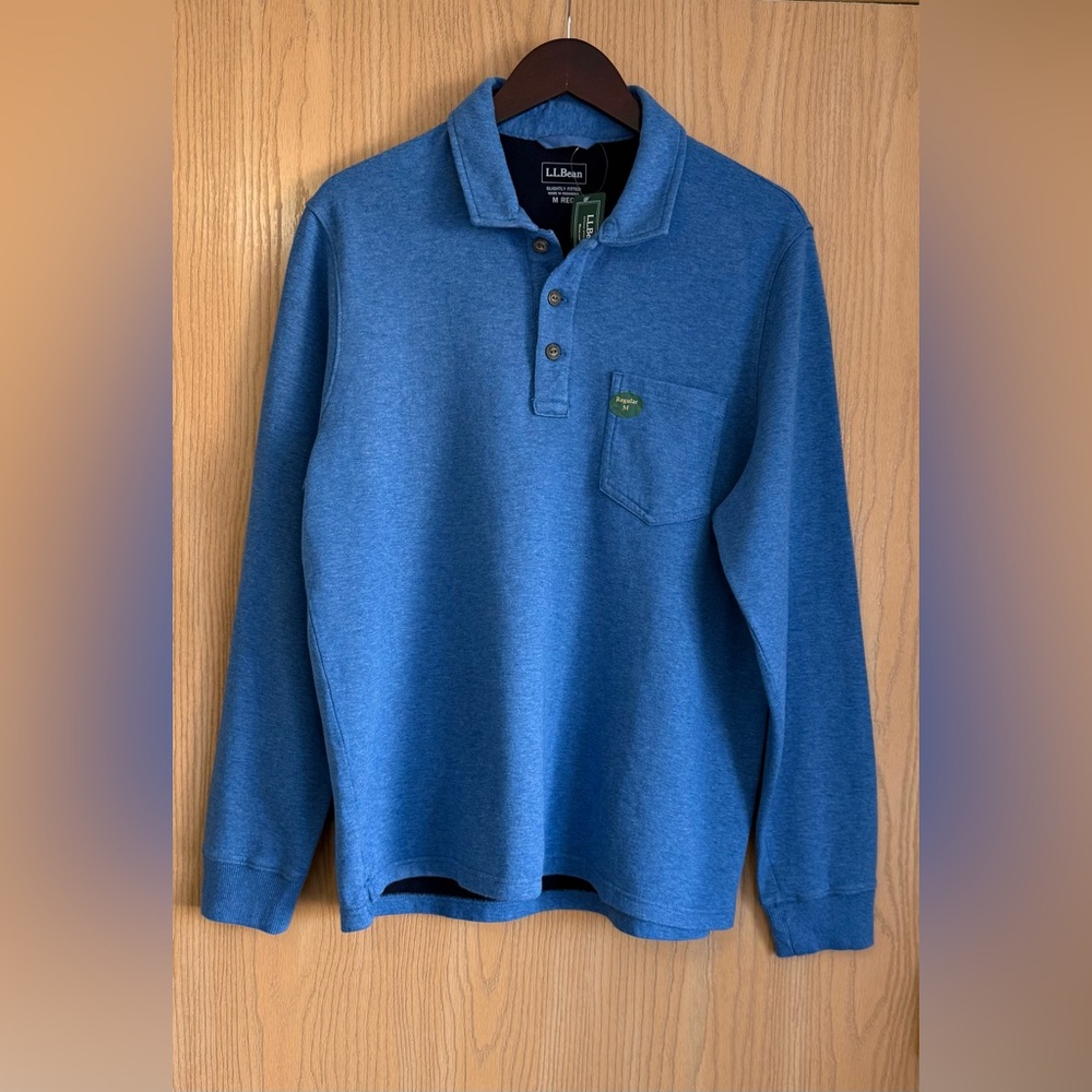 L.L. Bean | Men’s Medium | Blue Washed Cotton Double-Knit Long-Sleeve Polo NWT